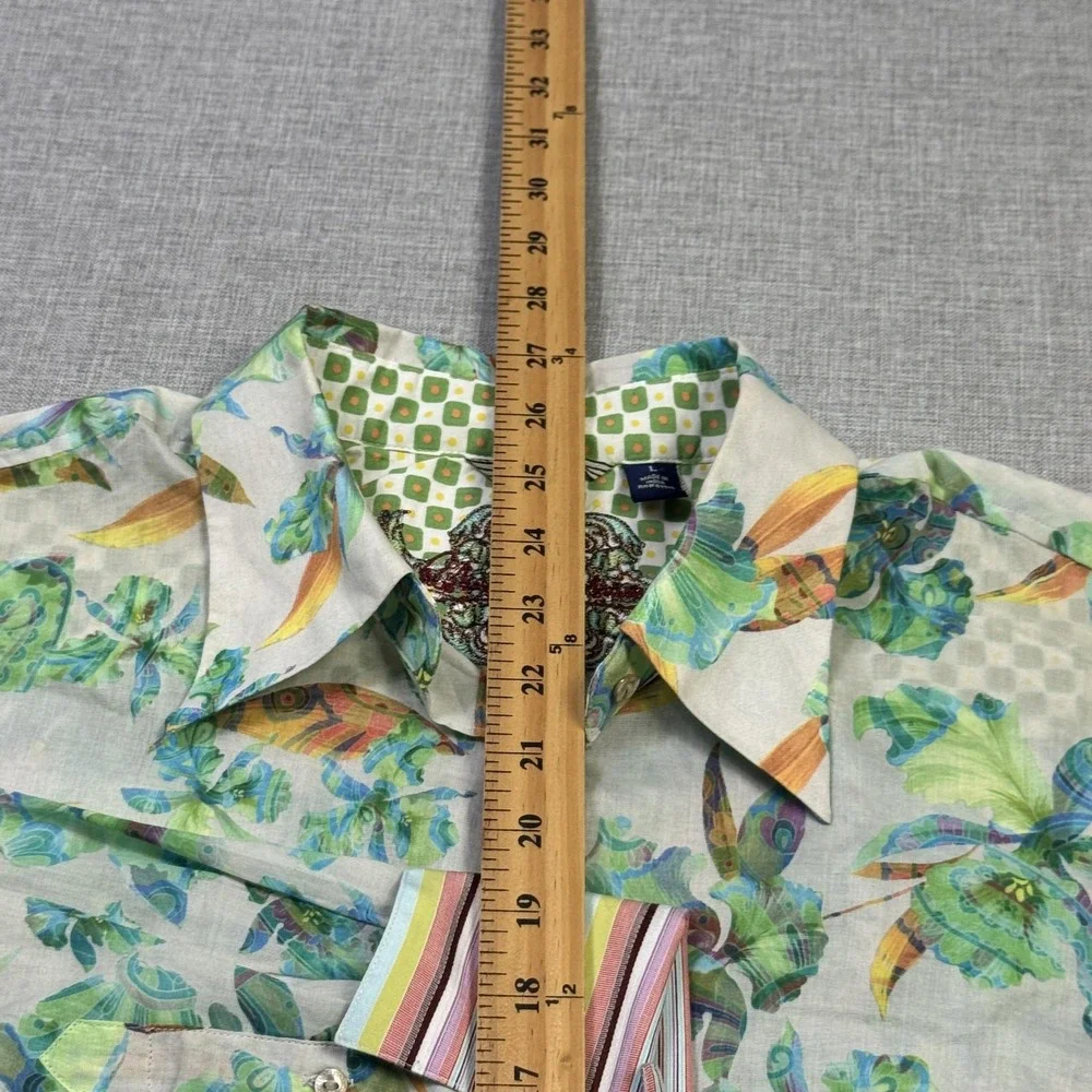 Robert Graham Floral Button-Up Shirt Womens Large Green Flip Cuffs Long Sleeve
